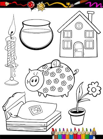 simsearch:400-07224190,k - Coloring Book or Page Cartoon Illustration of Black and White Home Objects Set for Children Education Photographie de stock - Aubaine LD & Abonnement, Code: 400-07055398