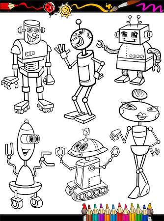 simsearch:400-07034082,k - Coloring Book or Page Cartoon Illustration Set of Black and White Fantasy or Science Fiction Robots Comic Mascot Characters for Children Fotografie stock - Microstock e Abbonamento, Codice: 400-07055399