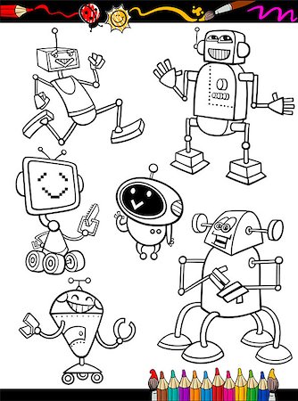 simsearch:400-07034082,k - Coloring Book or Page Cartoon Illustration Set of Black and White Fantasy or Science Fiction Robots or Droids Comic Mascot Characters for Children Fotografie stock - Microstock e Abbonamento, Codice: 400-07055400