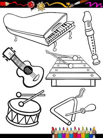 simsearch:400-07055396,k - Coloring Book or Page Cartoon Illustration of Black and White Music Instruments Objects Set for Children Education Photographie de stock - Aubaine LD & Abonnement, Code: 400-07055402