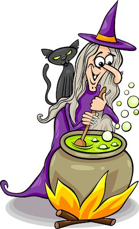 Cartoon Illustration of Funny Fantasy or Halloween Witch with Black Cat Cooking a Magic Mixture Stock Photo - Budget Royalty-Free & Subscription, Code: 400-07055413