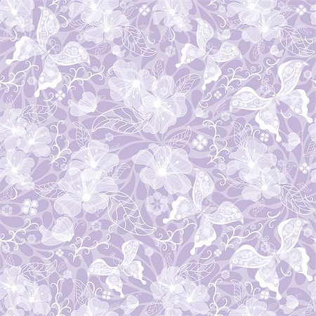 simsearch:400-07061067,k - Gentle seamless violet vintage pattern with white translucent flowers and butterflies (vector EPS 10) Foto de stock - Super Valor sin royalties y Suscripción, Código: 400-07055528