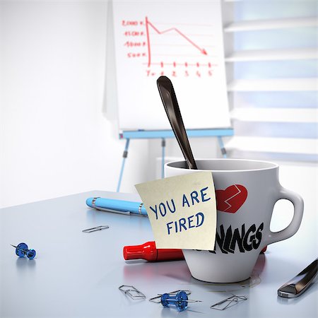 simsearch:400-08551867,k - Lack of Performance or Losing Job concept, one mug with a note - you are fired and a flipchart with a downtrend. 3D render Stock Photo - Budget Royalty-Free & Subscription, Code: 400-07055818