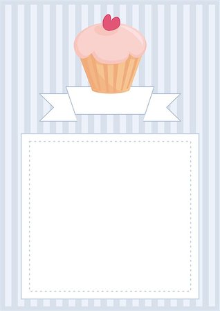Vector document, restaurant menu, wedding card, list or baby shower invitation with sweet retro cupcake on blue vintage pattern or stipes texture background with white space for your own text message Stock Photo - Budget Royalty-Free & Subscription, Code: 400-07056010