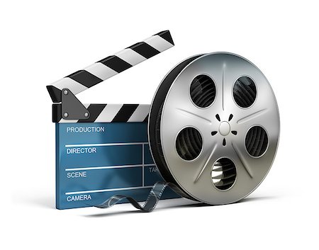 simsearch:400-04265939,k - Cinema clapper and film tape. 3d image. Isolated white background. Stock Photo - Budget Royalty-Free & Subscription, Code: 400-07056758