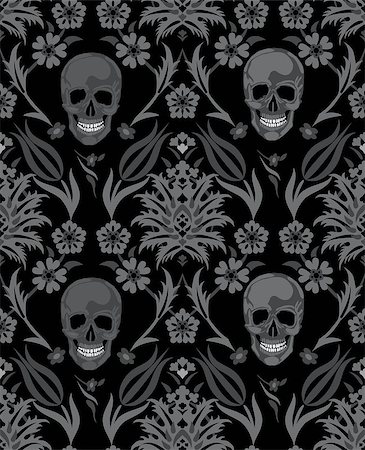 skeleton head as devil - Seamless flower skull vector object scull illustration. People bone design on black background. Halloween symbol. Stock Photo - Budget Royalty-Free & Subscription, Code: 400-07056826