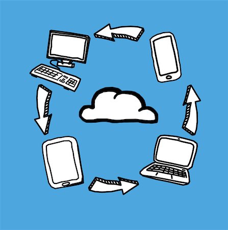 simsearch:400-07512624,k - Cloud computing drawings on blue background Foto de stock - Super Valor sin royalties y Suscripción, Código: 400-07056934