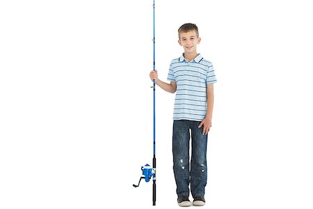 portrait of young boy fishing - Smiling young boy holding fishing rod posing on white background Stock Photo - Budget Royalty-Free & Subscription, Code: 400-07057062