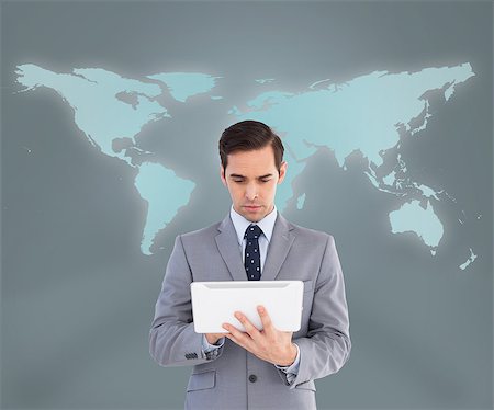 simsearch:6109-07601583,k - Businessman against map background using his tablet computer Stock Photo - Budget Royalty-Free & Subscription, Code: 400-07057243