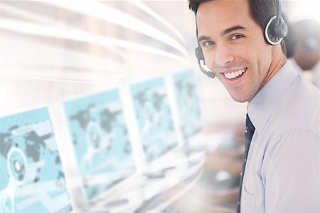 simsearch:400-07138128,k - Call center worker using futuristic interface hologram smiling at camera in office Stock Photo - Budget Royalty-Free & Subscription, Code: 400-07057956