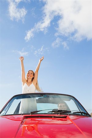 simsearch:400-07058112,k - Cheerful woman standing in cabriolet while her boyfriend driving on a sunny day Photographie de stock - Aubaine LD & Abonnement, Code: 400-07058170