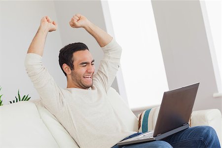 simsearch:6109-08581996,k - Victorious handsome man looking at his laptop while sitting in bright living room Fotografie stock - Microstock e Abbonamento, Codice: 400-07058739