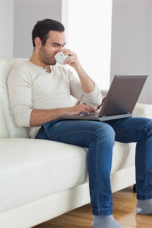 simsearch:6109-08581996,k - Relaxed attractive man drinking coffee while working on his laptop in bright living room Fotografie stock - Microstock e Abbonamento, Codice: 400-07058743
