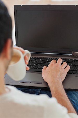 simsearch:6109-08581996,k - Over shoulder view of young man using his laptop in bright living room Fotografie stock - Microstock e Abbonamento, Codice: 400-07058754