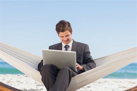 Businessman typing on his laptop in a hammock on a sunny beach Stock Photo - Budget Royalty-Free & Subscription, Code: 400-07059244