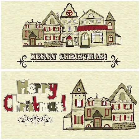 2 vector Christmas postcards with old houses and greetings Foto de stock - Super Valor sin royalties y Suscripción, Código: 400-07050129