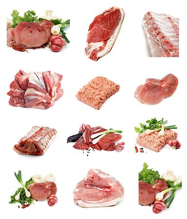 Collection of Various Heap of Raw Beef, Pork and Minced Meat isolated on white background Fotografie stock - Microstock e Abbonamento, Codice: 400-07050803