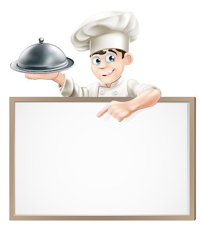 food menu board - A cartoon chef holding a silver platter or cloche pointing at a banner or menu Stock Photo - Budget Royalty-Free & Subscription, Code: 400-07052258