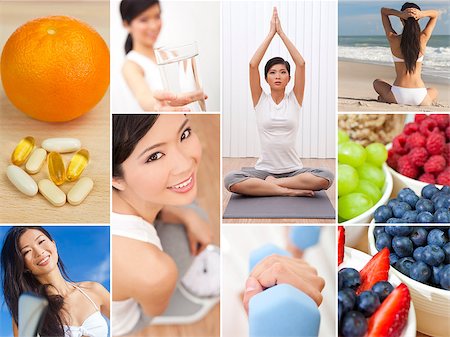 Montage of an oriental chinese woman girl working out at a gym active on a beach, enjoying a healthy lifestyle and eating fresh fruit and vitamin tablets Stock Photo - Budget Royalty-Free & Subscription, Code: 400-07052683