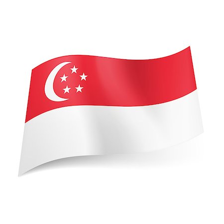 National flag of Singapore: red stripe with crescent moon and five stars in circle above white one. Foto de stock - Super Valor sin royalties y Suscripción, Código: 400-07052735