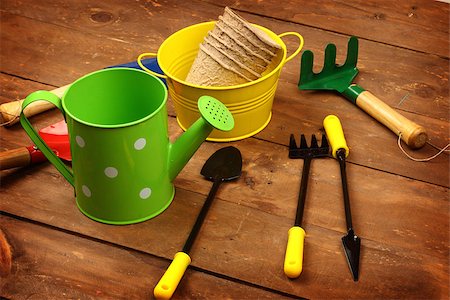 simsearch:400-05303494,k - Close up of gardening tools on wooden table Fotografie stock - Microstock e Abbonamento, Codice: 400-07053446