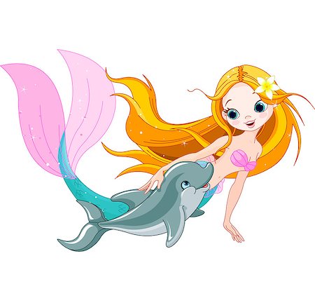 Illustration of cute mermaid swimming with dolphin Stock Photo - Budget Royalty-Free & Subscription, Code: 400-07053573