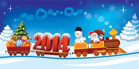New Year 2014 and Santa Claus in a toy train with gifts, snowman and christmas tree. Stock Photo - Budget Royalty-Free & Subscription, Code: 400-07053785