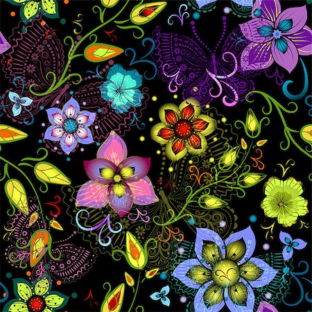 simsearch:400-04691374,k - Black seamless floral pattern with vivid flowers and colorful transparent butterflies (vector eps 10) Photographie de stock - Aubaine LD & Abonnement, Code: 400-07053954