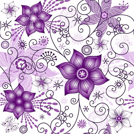 simsearch:400-07061067,k - Seamless spring white pattern with violet flowers and butterflies (vector) Foto de stock - Super Valor sin royalties y Suscripción, Código: 400-07053994