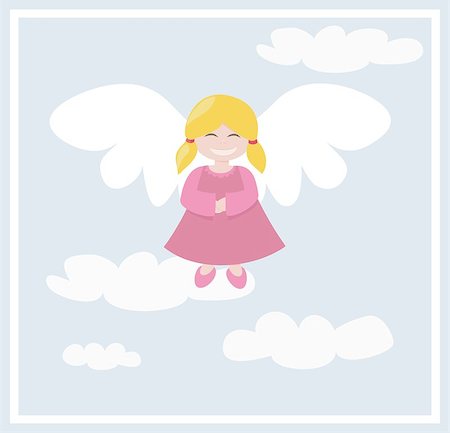 simsearch:400-07615708,k - Happy blond angel girl flying in the blue sky, with clouds - vector illustration. Smiling little girl. Stock Photo - Budget Royalty-Free & Subscription, Code: 400-07053999