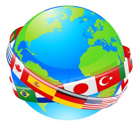 simsearch:400-04361437,k - A conceptual illustration of a globe with the flags of lots of countries flying around it. Photographie de stock - Aubaine LD & Abonnement, Code: 400-07060956