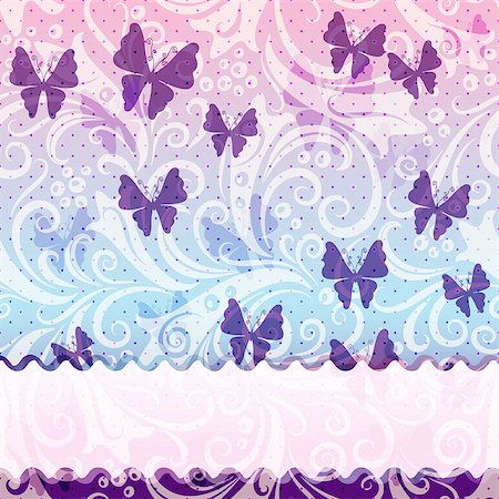 simsearch:400-07265301,k - Gentle vintage frame with translucent violet butterflies and wave strip (vector EPS 10) Foto de stock - Royalty-Free Super Valor e Assinatura, Número: 400-07061083