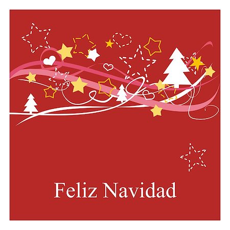 red christmas invitation - Christmas vector card or invitation for party with Merry Christmas wishes in espanol: Feliz Navidad. Classic illustration with red background, white and yellow stars, trees and hearts. Stock Photo - Budget Royalty-Free & Subscription, Code: 400-07061424