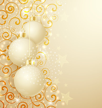 Golden christmas background with Christmas balls and swirls Stock Photo - Budget Royalty-Free & Subscription, Code: 400-07061452