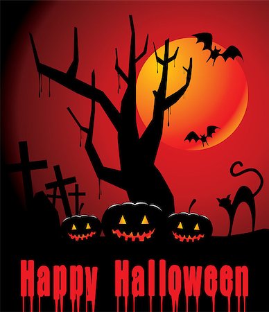 halloween background with full orange moon, pumpkin and black cat - vector illustration Stock Photo - Budget Royalty-Free & Subscription, Code: 400-07061611