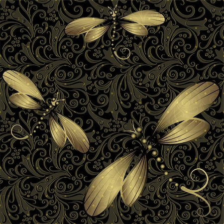 floral vector - Seamless dark vintage pattern with translucent gold dragonflies (vector EPS 10) Photographie de stock - Aubaine LD & Abonnement, Code: 400-07061703