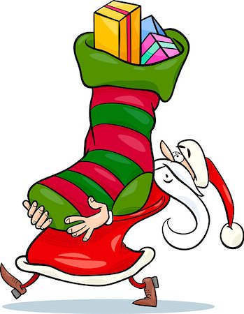 simsearch:400-07062650,k - Cartoon Illustration of Funny Santa Claus Character with Big Sock Full of Christmas Presents and Gifts Fotografie stock - Microstock e Abbonamento, Codice: 400-07062025