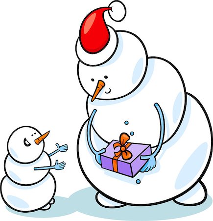 simsearch:400-07062650,k - Cartoon Illustration of Snowman as Santa Claus Character giving Christmas Present or Gift to Little One Fotografie stock - Microstock e Abbonamento, Codice: 400-07062031