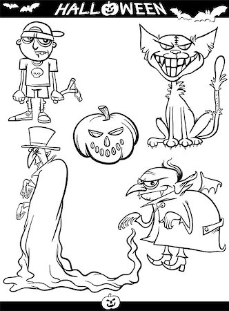simsearch:400-04203876,k - Cartoon Illustration of Black and White Halloween Themes Set for Coloring Book or Page Stock Photo - Budget Royalty-Free & Subscription, Code: 400-07062041