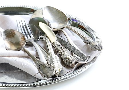 spoon antique - vintage cutlery with old-fashioned napkin on a silver tray Stock Photo - Budget Royalty-Free & Subscription, Code: 400-07062199