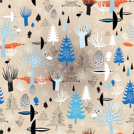 Christmas seamless pattern with winter forest and birds on a light background with snowflakes Stock Photo - Budget Royalty-Free & Subscription, Code: 400-07062399