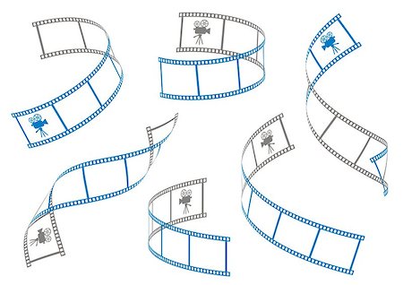 Set of six blue curl film stripes with movie camera icon on a white background Stock Photo - Budget Royalty-Free & Subscription, Code: 400-07062632