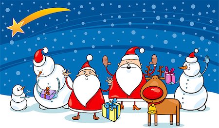 simsearch:400-08260733,k - Cartoon Illustration of Santa Claus Characters Group with Snowman and Reindeer Photographie de stock - Aubaine LD & Abonnement, Code: 400-07062654