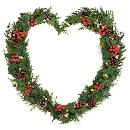 pine wreath on white - Christmas heart wreath with holly, mistletoe, ivy, pine cones and cedar leaf sprigs over white background. Stock Photo - Budget Royalty-Free & Subscription, Code: 400-07086931