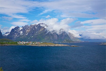 simsearch:400-07087598,k - Scenic norwegian Lofoten islands covered in clouds on sunny summer day Stock Photo - Budget Royalty-Free & Subscription, Code: 400-07087203