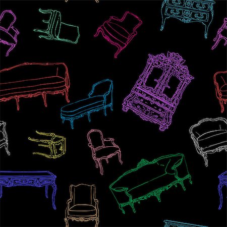 simsearch:400-06922170,k - Rococo furniture hand drawn pattern on black, colored doodles composition Photographie de stock - Aubaine LD & Abonnement, Code: 400-07087309