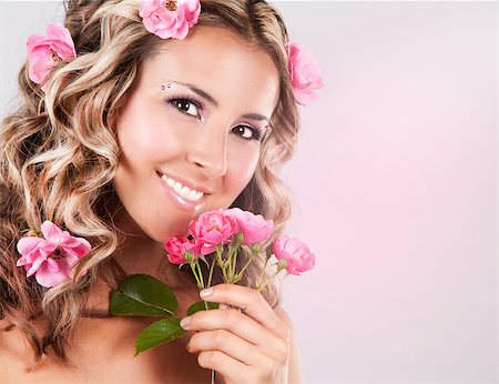 face with rose - summer woman wearing pink roses and colorful makeup Stock Photo - Budget Royalty-Free & Subscription, Code: 400-07087510
