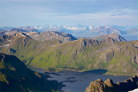 simsearch:400-07087598,k - Aerial view of scenic Lofoten islands in Norway in summer with sharp mountain peaks and deep fjords Stock Photo - Budget Royalty-Free & Subscription, Code: 400-07087580