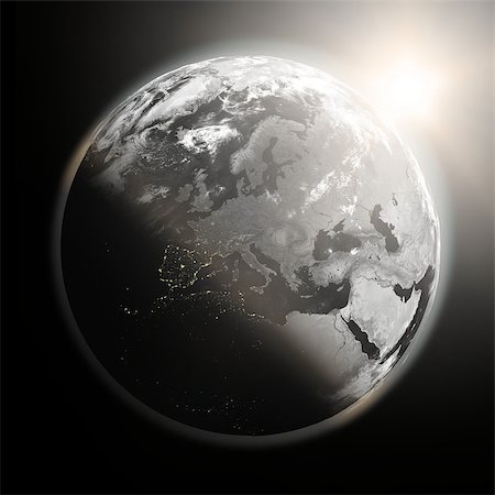 simsearch:400-08427636,k - Space view of the sun rising over Europe on black planet Earth. Elements of this image furnished by NASA. Foto de stock - Super Valor sin royalties y Suscripción, Código: 400-07087817