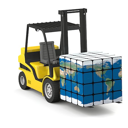 Concept of global transportation, modern yellow forklift carrying planet Earth in form of cube, isolated on white background. Elements of this image furnished by NASA. Foto de stock - Super Valor sin royalties y Suscripción, Código: 400-07087825